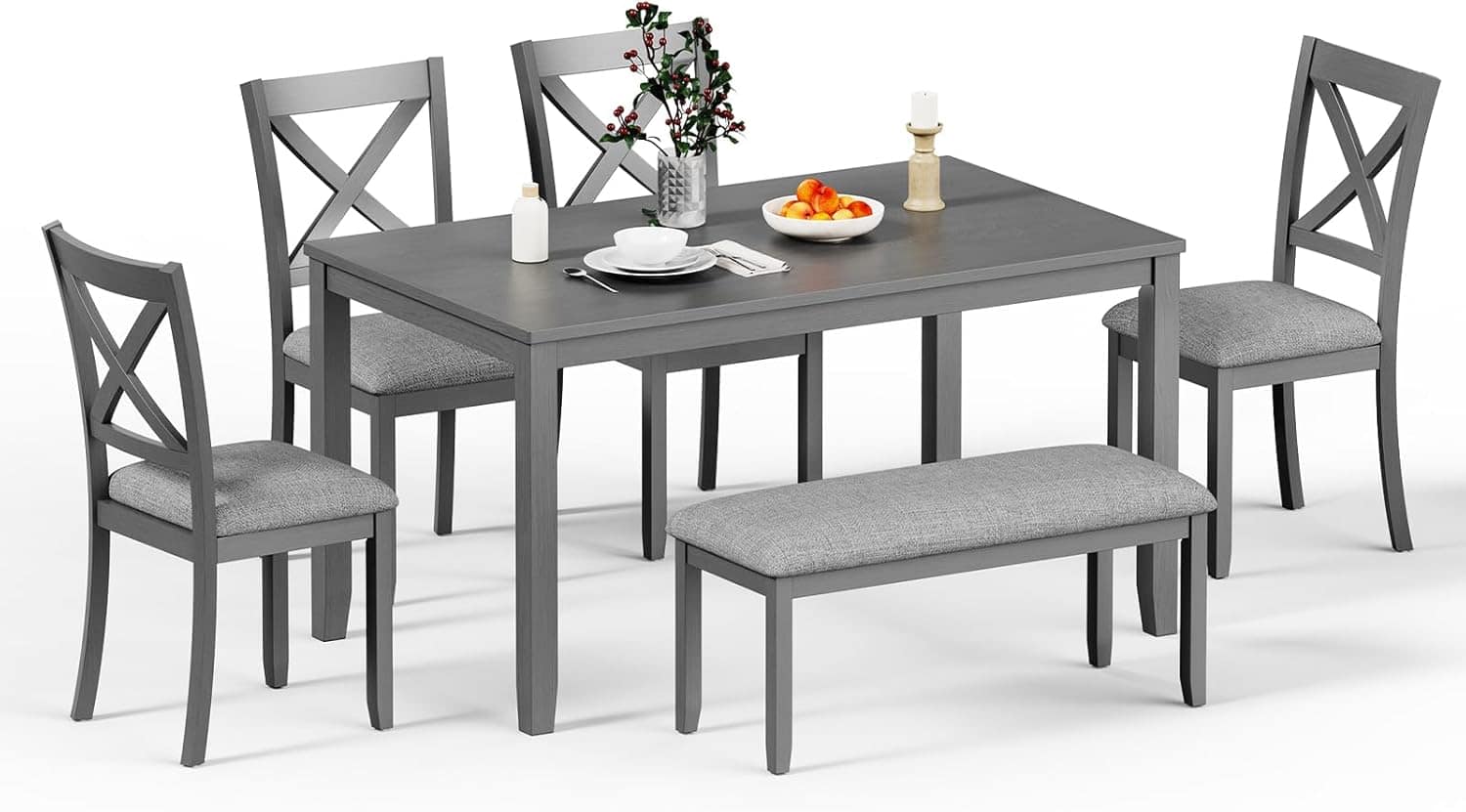 6-Piece Wooden Dining Table Set, Dining Table Set for 6, Including 1 Dining Table, 4 Upholstered Chairs and 1 Bench, Wooden Legs Dining Table, Table Set for Dining Room, Grey
