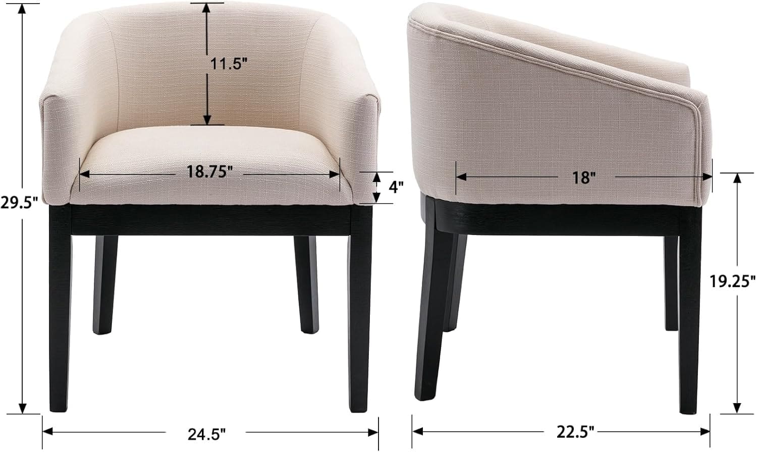 Beige Dining Chairs Set of 2 Mid-Century Modern Dining Chairs Linen Upholstered Kitchen Dining Room Chairs Curved Backrest Dining Chairs with Black Wood Legs