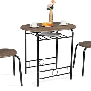 VINGLI 3 Piece Dining Set,Small Kitchen Table Set for 2,Breakfast Table Set for 2,Kitchen Wooden Table and 2 Chairs for Small Space/Dining Room/Apartment,Metal Frame,Wine Rack,Rustic