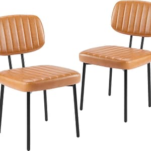 Sweetcrispy Dining Chairs Set of 2, Upholstered Mid Century Modern Kitchen Dining Room Accent Chairs with Faux Leather Cushion Seat & Metal Legs for Kitchen, Living Room - Brown