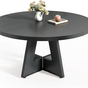 Little Tree Round Dining Table for 4-6 People, 47 Inches Dining Room Table with Wooden Pedestal Base, Black Dinner Table, Circle Kitchen Table for Dining Room, Kitchen, Living Room(Table Only)