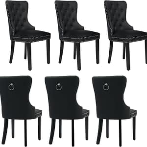PU Leather Dining Chairs Set of 6, Tufted Upholstered Dining Room Chair with Pull Ring and Solid Wood Legs, Black