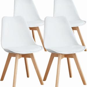 OLIXIS Set of 4 Dining Kitchen Mid-Century Modern Chairs with Wood Legs and PU Leather Cushion for Living Room Bedroom Outdoor Lounge, White