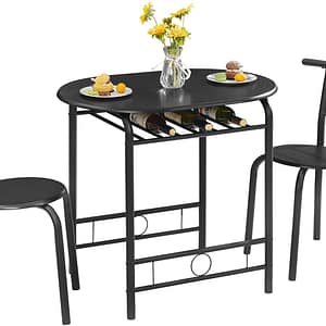 VECELO 3-Piece Dining Table Set for Kitchen Breakfast Nook, Wood Grain Oval Tabletop and Metal Frame with Built-in Wine Rack, for Small Spaces, 31.5", Black