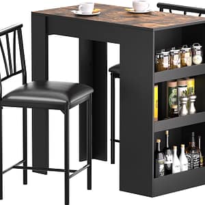 VECELO Small Bar Table and Chairs Tall Kitchen Breakfast Nook with Stools/Dining Set for 2, Storage Shelves, Space-Saving, Black