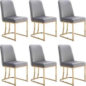 Modern Dining Chairs Set of 6, Velvet Upholstered Mid-Century Side Kitchen Chairs, Armless Chair with Gold Legs Dining Living Room Chairs, Gray