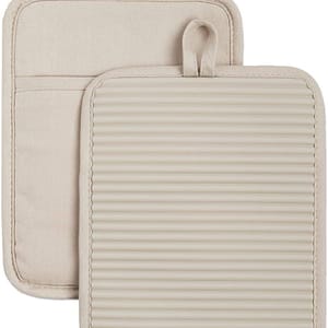 KITCHENAID Ribbed Soft Silicone Pot Holder 2-Pack Set, 7"x9", Milkshake Tan