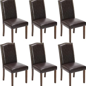 Sweetcrispy Dining Chairs Set of 6, Upholstered Leather Kitchen Room Chairs Mid Century Modern High-End Dining Room Side Chairs with Nailhead Trim and Wood Legs for Bedroom, Living Room, Brown