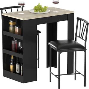 VECELO Small Bar Table and Chairs Tall Kitchen Breakfast Nook with Stools/Dining Set for 2, Storage Shelves, Space-Saving, Gray
