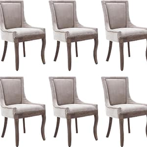 Aoowow Fabric Vintage Upholstered Side Chairs Set of 6, Farmhouse Solid Wood Kitchen Dining Room Chairs with Nailheads Legs (Fabric Beige)