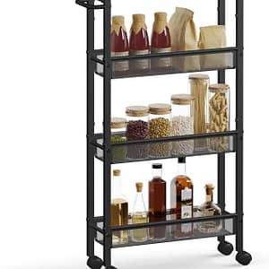VASAGLE Slim Rolling Cart, 4-Tier Storage Cart, Narrow Cart with Handle, 5.1 Inches Deep, Metal Frame, for Kitchen, Dining Room, Living Room, Home Office, Ebony Black and Classic Black ULRC032B04