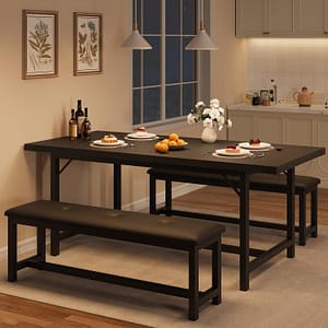 IDEALHOUSE Dining Table Set for 4-6, 63" Extendable Kitchen Table with 2 Upholstered Bench Set for 6, Metal Frame Rectangle Small Kitchen Table Set for 4 for Apartment, Space Save, Retro Black