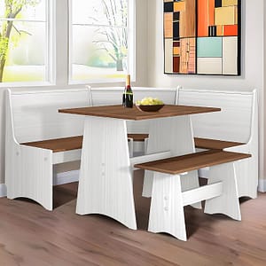 Breakfast Nook Kitchen Corner Dining Table Bench Chair Set, Space-Saving 3-4 Seat L-Shape for Family Home White Brown Wood