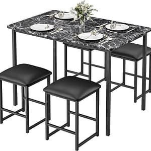 VECELO Kitchen Table and Chairs for 4, Dining Room Set with PU Chairs/Stools, Heavy-Duty Metal Frame, Faux Marble Tabletop, Space-Saving Design for Small Spaces, Easy Assembly, Black