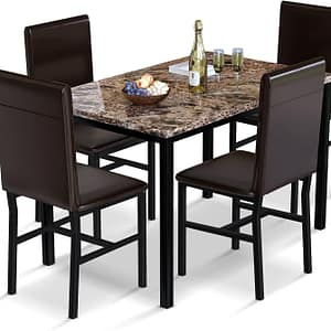 AWQM 5 Piece Dining Table Set for 4,Faux Marble Kitchen Table and Chairs for 4, Modern Dining Room Table with 4 Chairs,Dinner Table Set for Small Spaces, Brown