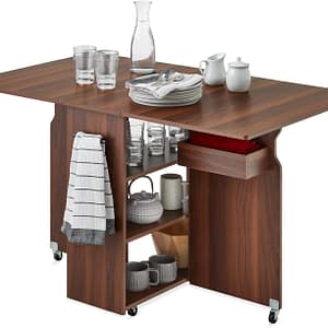 Best Choice Products Folding Dining Table, Multipurpose Space Saving Collapsible Drop Leaf Extension Desk w/Wheels, 3 Storage Shelves - Brown