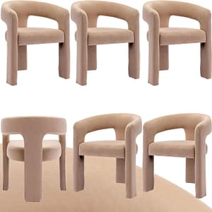 Modern Dining Chair Set of 6, Velvet Upholstered Barrel Kitchen Chair, Round Dining Chairs with Wooden Legs, Assembled Accent Armchairs for Dining Room/Living Room/Bedroom/Side, Khaki