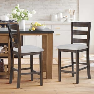 COLAMY Modern Counter Height Bar Stools Set of 2, 25 Inch Wood Kitchen Island Barstools with Ladder Back, Upholstered Fabric Bar Chairs with Wooden Legs for Dining Room Bar Shop, Brown Black