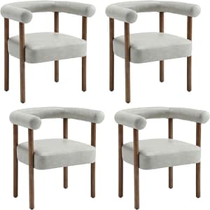 Mid-Century Modern Dining Chairs Set of 4, Armrest Barrel Dining Chairs Side Accent Chairs with Curved Back, Upholstered Wood Armchairs for Kitchen, PU Leather Grey