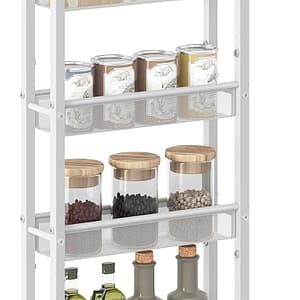 VASAGLE Slim Rolling Cart, 5-Tier Storage Cart, Narrow Cart with Handle, 5.1 Inches Deep, Metal Frame, for Kitchen, Dining Room, Living Room, Home Office, Oak Beige and Classic White ULRC034W09