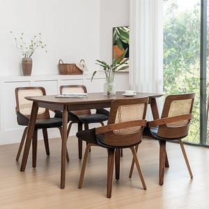 Set of 4 Black Rattan Dining chair - Mid Century Modern Dining Chair with Ergonomic Cane Back, Bentwood Frame, Faux Leather Seat, Arms, Walnut Dining Chairs for Living Room/Kitchen (Walnut Black)