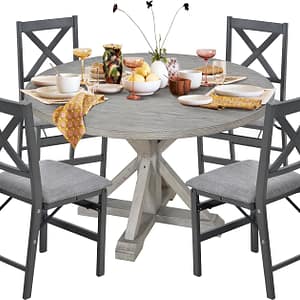 COLAMY Dining Table Set for 4, 45 Inch Round Kitchen Dining Table with Chairs, Wooden Dining Table with 4 Folding Dining Chairs for Kitchen, Dining Room, Restaurant,Grey/Dark Grey