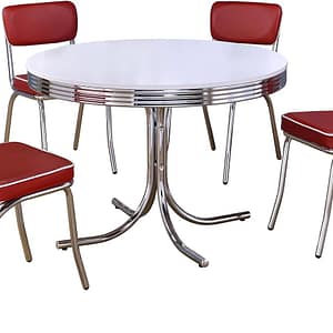Coaster Home Furnishings Retro 1950s Soda Fountain Diner 5-Piece Dining Room Set Round Table White Laminate Top Red Faux Leather Upholstered Dining Side Chairs Sturdy Steel Chrome Base 2388-S5R