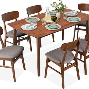 Best Choice Products 7-Piece Wooden Dining Room Table Set, Mid-Century Modern, Kitchen Table w/ 6 Chairs, Upholstered Cushions, Curved Backrests, Rounded Table Corners - Walnut/Gray