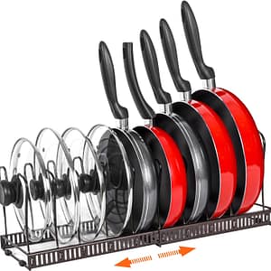ROOHUA Pot Rack -Expandable Pan Organizer for Cabinet,Pot Lid Holder with 10 Adjustable Compartment for Kitchen Cabinet Cookware Baking Frying Rack,Bronze