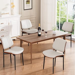 Dining Chairs Set of 4, Mid-Century Modern Upholstered PU Leather Chairs with Walnut Bentwood Back and Metal Legs Adjustable Feet for Kitchen Dining Room, Off-White Shell Strips