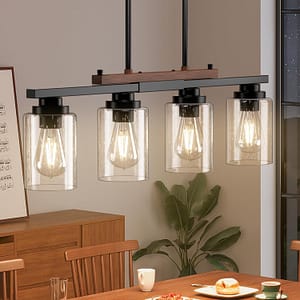 Amico Dining Room Light Fixture 4-Light Kitchen Island Lighting with Adjustable Rods, Farmhouse Decor Black Metal & Wood Chandelier with Seeded Glass Shade, Island Lights for Kitchen