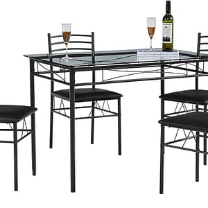 VECELO Kitchen Dining Table and Chairs Set for 4, PU Padded Seat & Glasses Tabletop, Space Saving, Matte Black