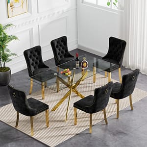 7 Piece Glass Dining Table Set for 6, Modern Kitchen Table and Chair Set for 6, Gold Dining Toom Set w/51 Glass Dinner Table and 6 Black Velvet Dining Chairs for Kitchen Home Apartment