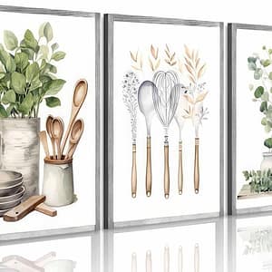 3 Pcs Sage Green Farmhouse Kitchen Canvas Wall Art Minimalist Dining Room Eucalyptus leaves plant Painting Pictures Wall Decor Poster Print Artwork For Dining Room kitchen Home Decoration Unframed