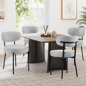 Sweetcrispy Dining Chairs Set of 4, Boucle Upholstered Modern Mid Century Round Kitchen Chairs with Curved Backrest & Metal Legs for Vanity, Living Room - Grey
