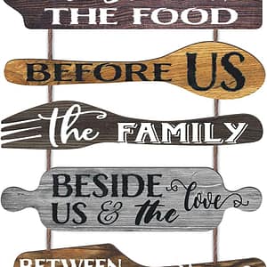 Bless the Food Before Us Farmhouse Kitchen Wall Decor - Dining Room Decorations Collage Wall Art in Neutral Grey Color - Wooden Rustic 6pcs Roped Sign 25x14 Inches Vertical