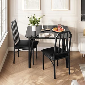 IDEALHOUSE Dining Table Set for 2, Kitchen Table Chairs Set of 2 with Ultra Comfortable PU Cushion, Dining Room Table Set for 2 Furniture with Kitchen Chairs Suitable for Small Space - Black Glass