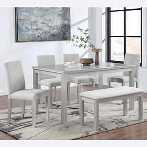 KEIKI 6-Piece Standard Height Dining Table Set with Rectangular Table, 4 Upholstered Chair, Bench, for 6 Person, Crystal Decoration Table Set, Easy Assembly, for Kitchen, Dining Room, Silver Grey
