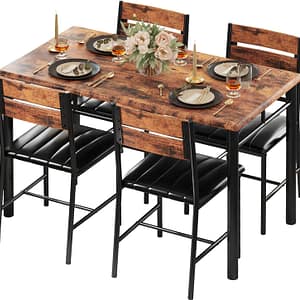IRONCK Dining Table Set for 4, Wood Kitchen Table with Upholstered Chairs Dinning Table Set for Kitchen & Dining Room, Compact Dining Set for Small Spaces, Rustic Brown