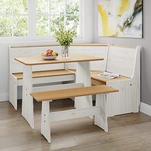 Breakfast Nook Corner Dining Table Kitchen Bench Chair Set, Space-Saving 3-5 People Seat Reversible L-Shape for Family Home White Wood
