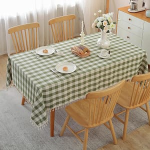 Checkered Tablecloth Rectangle Cotton Linen Fabric Gingham Table Cloth Buffalo Plaid Table Cover with Tassel Wrinkle Free Washable for Kitchen Dining Picnic, Green and White, 55X106''