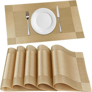 FGSAEOR Placemats Set of 6, Place Mats for Kitchen Dining Table, Heat-Resistant Anti-Skid Stain Washable PVC Table Mats, Easy to Cleaning Woven Vinyl Dinner Mats, Gold