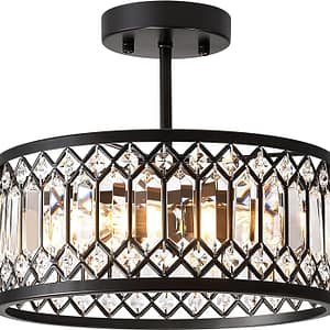 Crystal Black Ceiling Light, Modern Semi Flush Mount Ceiling Lighting Fixture, Round Hallway Lighting Fixtures Chandelier for Kitchen Entryway Bedroom Dining Room, 3-Light, 12.2 Inch