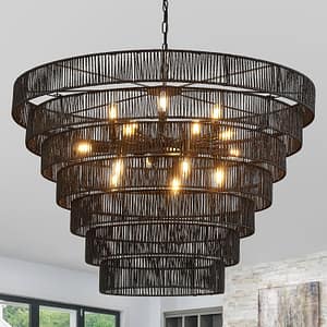 39.4 Large Black Rattan Chandelier Vintage Farmhouse 15-Lights Boho Hand-Woven Bamboo Chandeliers Light Fixture Rustic Drum Wicker Chandelier for Dining Room, Living Room, Kitchen Island, E12