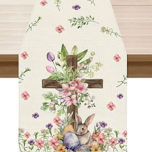Easter Watercolor Cross Bunny Colorful Eggs Flowers Leaves Rabbits Cloth Table Runner Burlap Table Decoration for Spring Home Kitchen Dining Dinner Indoor Holiday Farmhouse Decor 13x48 Inch