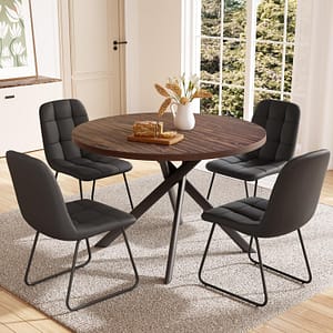 45.3 Inch Round Dining Table Set for 4, Mid Century Modern Small Coffee Set for Dining Room Kitchen Apartment (Walnut Table + 4 U-Shaped Black Chairs)