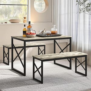 VECELO Kitchen Dining Table Set for 4, 43.3" Wood Rectangle Dinette with 2 Benches, Heavy-Duty Metal Frame for Small Space, Breakfast Nook, Grey