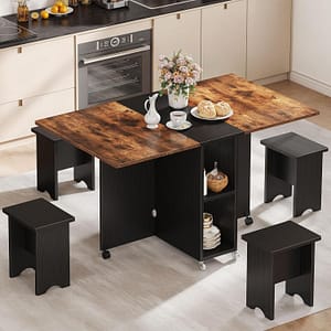 DWVO 5 Pieces Folding Extendable Dining Table Set with 4 Chairs for 4 Peoples 55 Inches Drop Leaf Wood Kitchen Dining Room Table Set with Storage and 6 Wheels for Small Space Saving, Rustic Brown