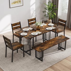 DWVO 63 Inch Dining Table Set for 6-8 People 6-Piece Large Kitchen Table Set with 2 Benches and 4 Chairs Farmhouse Rectangular Dining Room Table Set for Kitchen Dining Room Apartment Rustic Brown