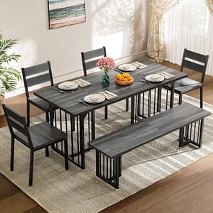 DWVO 6-Piece Dining Table Set for 6-8 People 63 Inch Kitchen Table Set with 2 Benches and 4 Chairs Farmhouse Rectangular Dining Room Table Set for Kitchen Dining Room Apartment Dark Grey